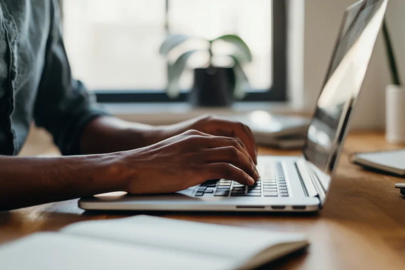 Hands typing on a silver laptop at a wooden desk by a window
