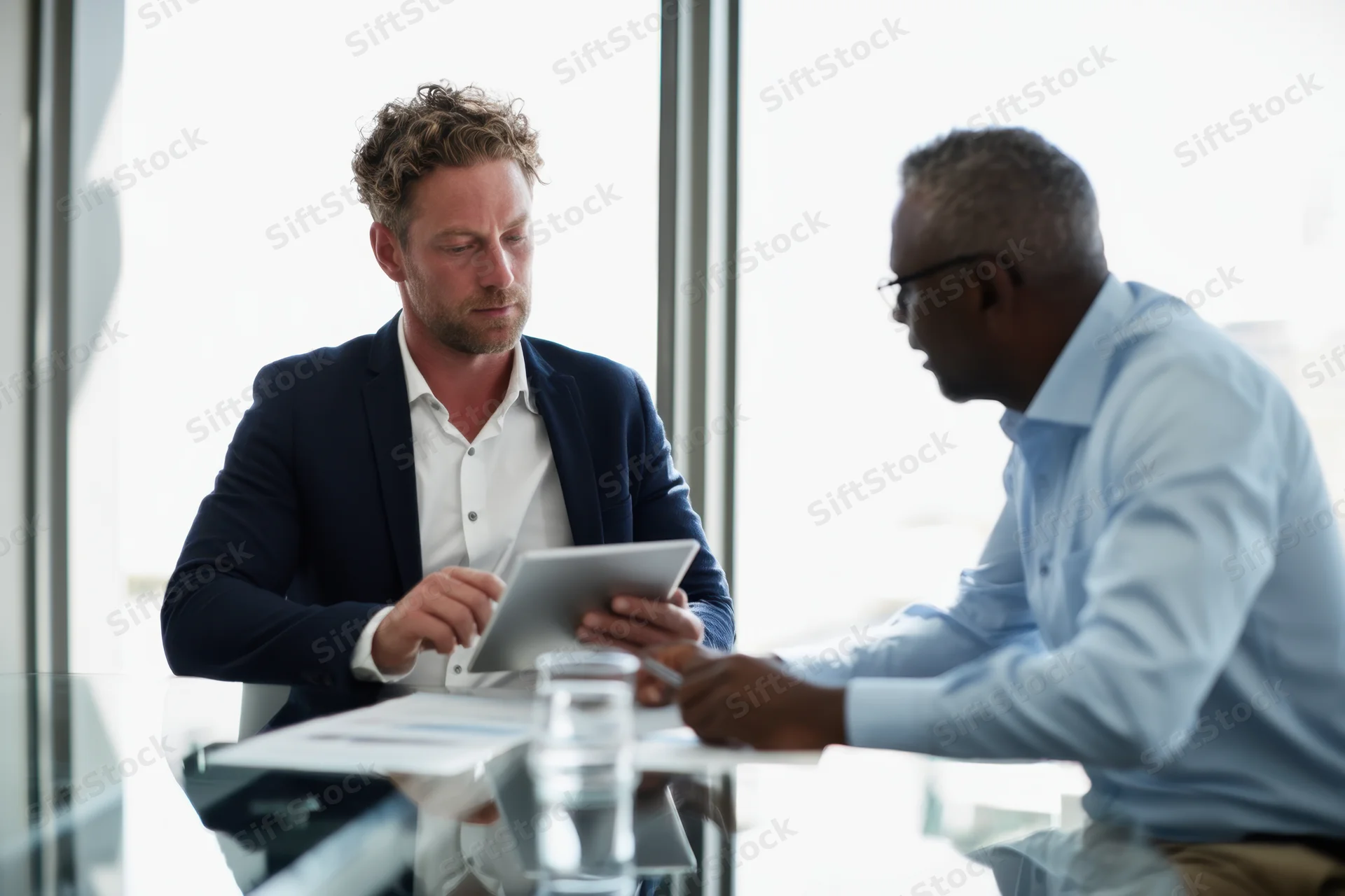 Two businessmen discussing work at a glass table in a modern office