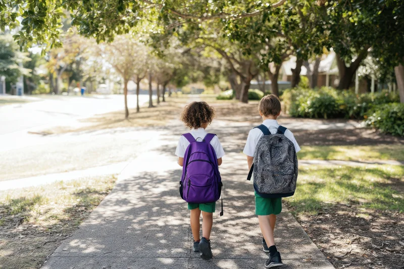 Two children with backpacks walking away down a sunlit tree-lined sidewalk