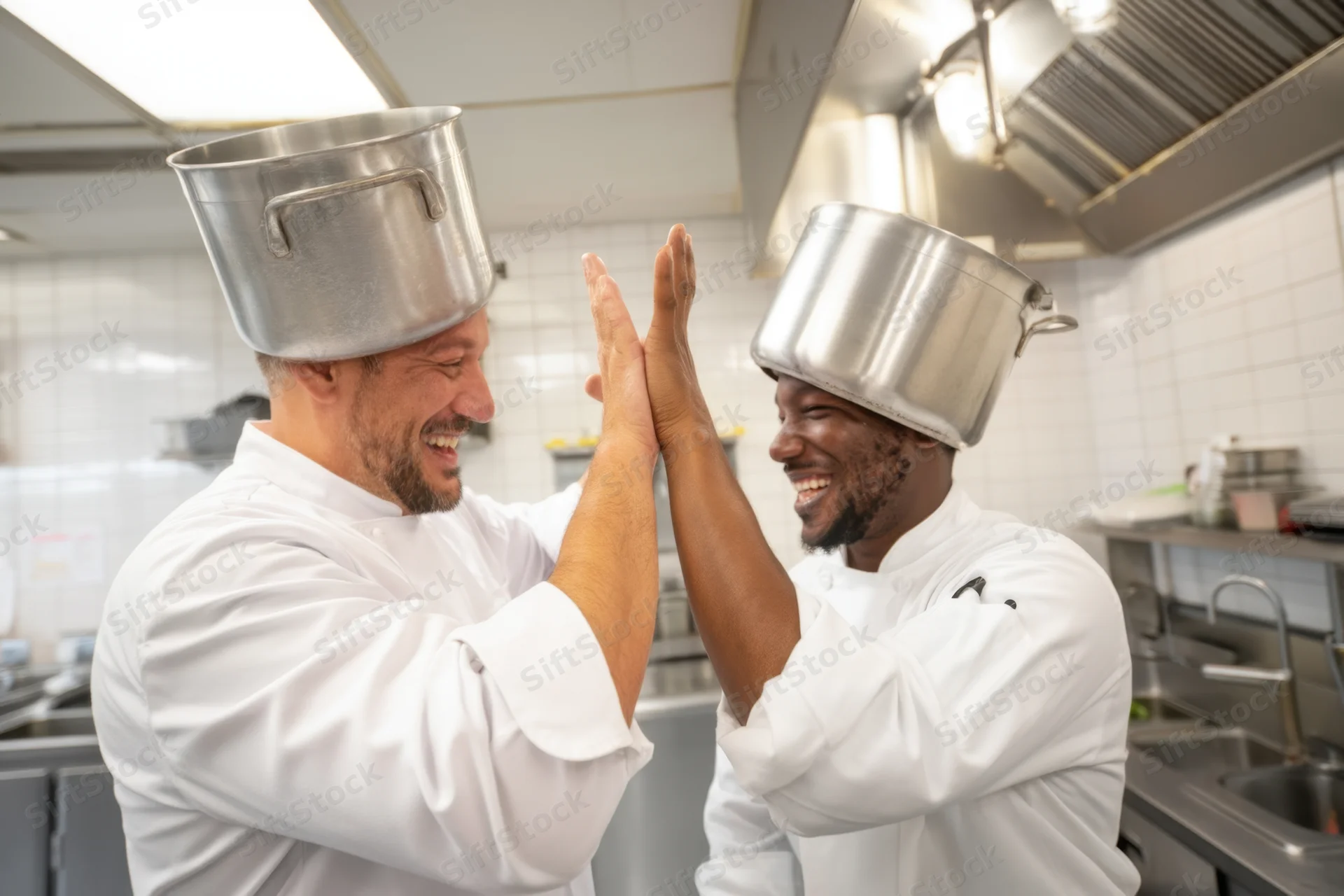 Two chefs in white coats high-fiving in a stainless steel kitchen
