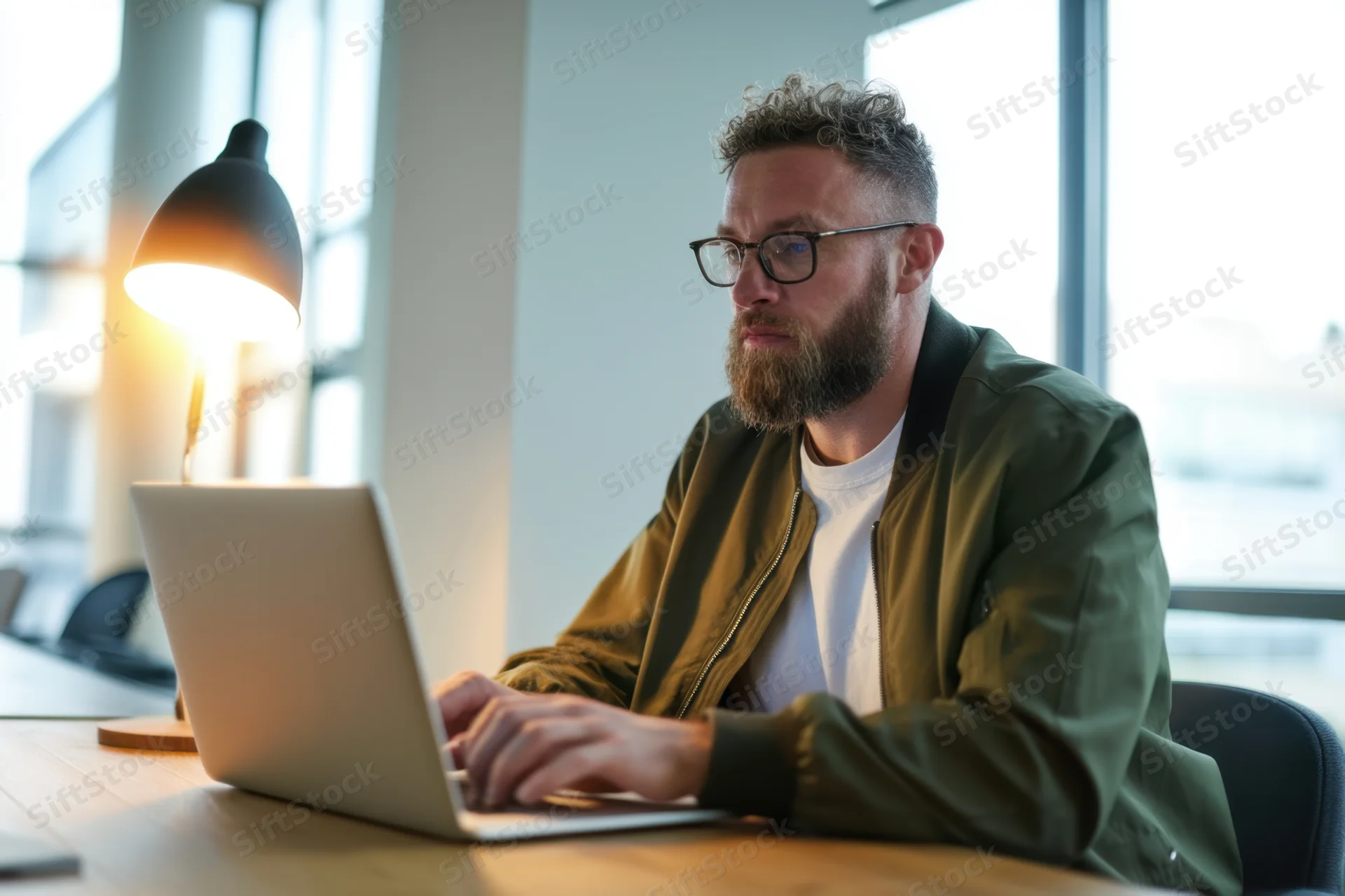 Bearded man with glasses typing on laptop at wooden desk in bright office