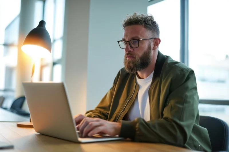 Bearded man with glasses typing on laptop at wooden desk in bright office