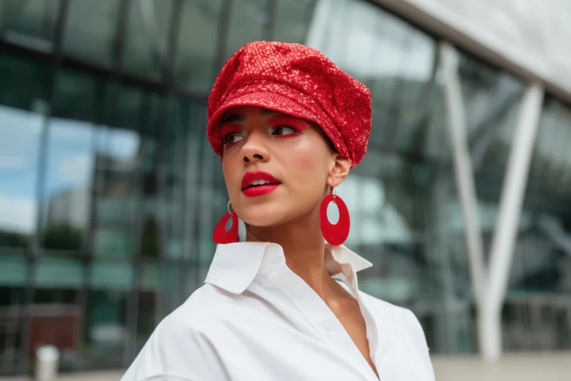 Woman in red sequined cap and bold red makeup wearing white shirt outdoors near modern glass building
