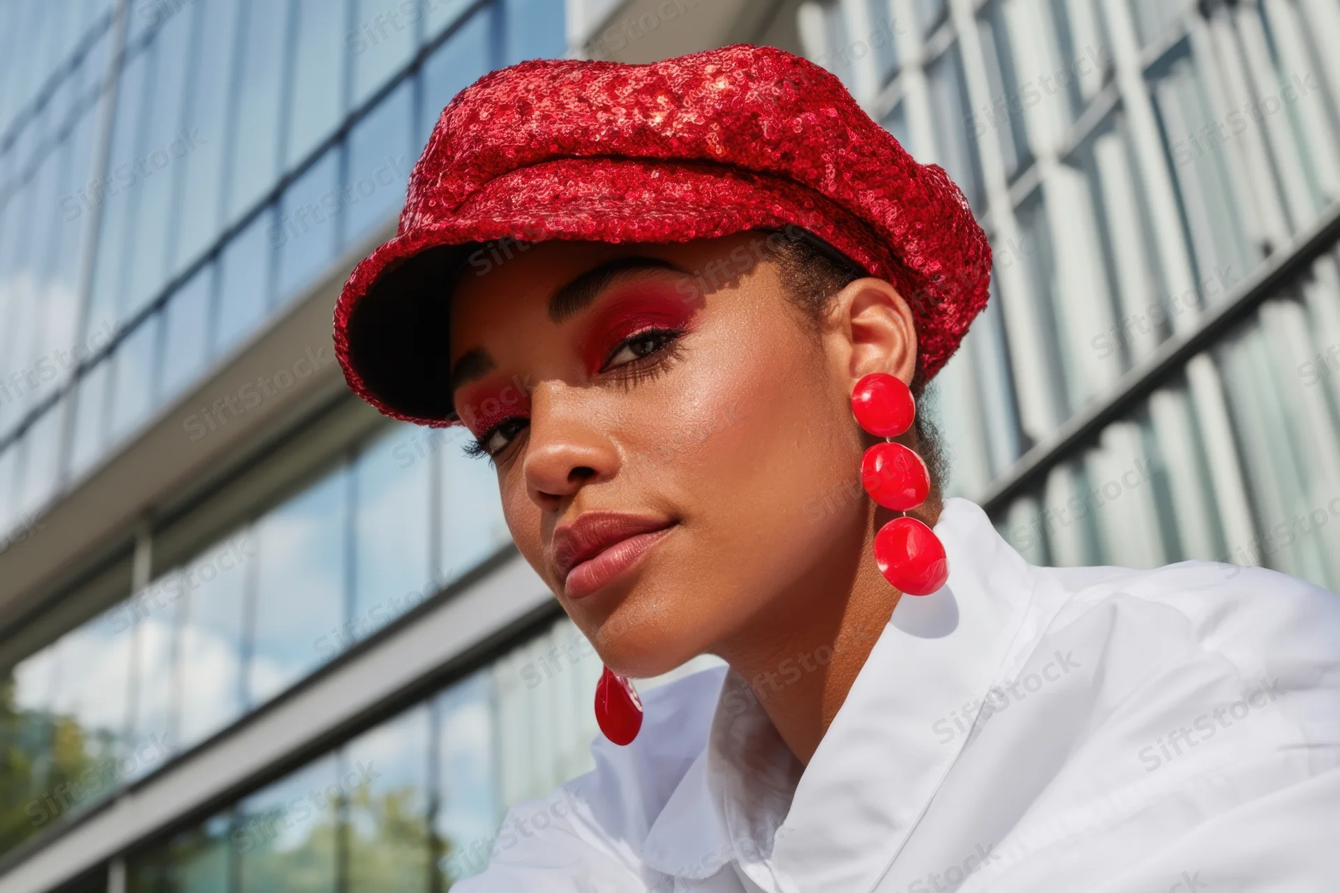 Woman in red sequined cap and dramatic red makeup posing outdoors near modern glass building