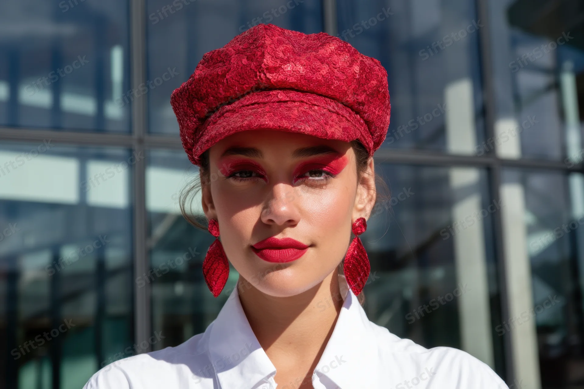 Woman in red sequined cap and dramatic red makeup standing before glass building