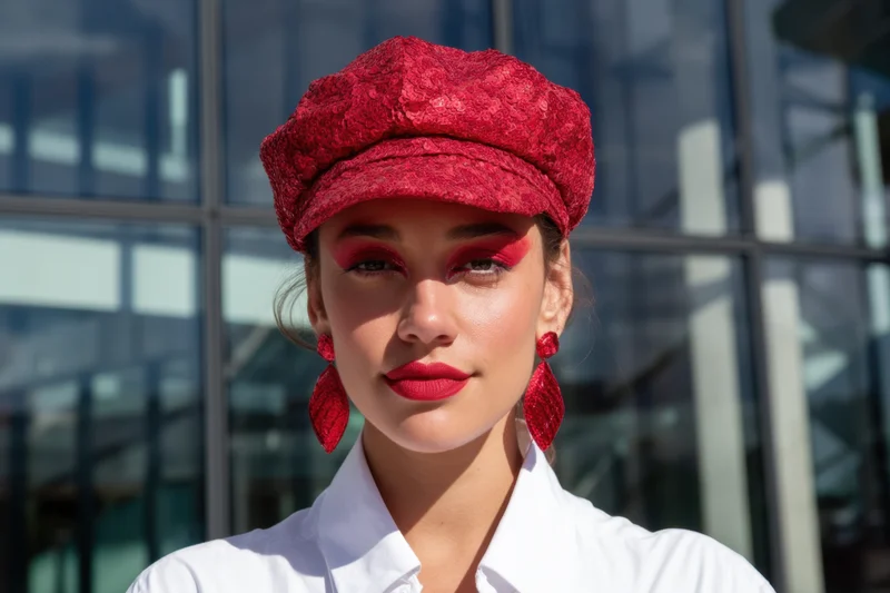 Woman in red sequined cap and dramatic red makeup standing before glass building
