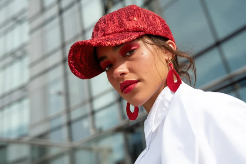 Woman in red sequined cap and bold red makeup posing outdoors near glass building