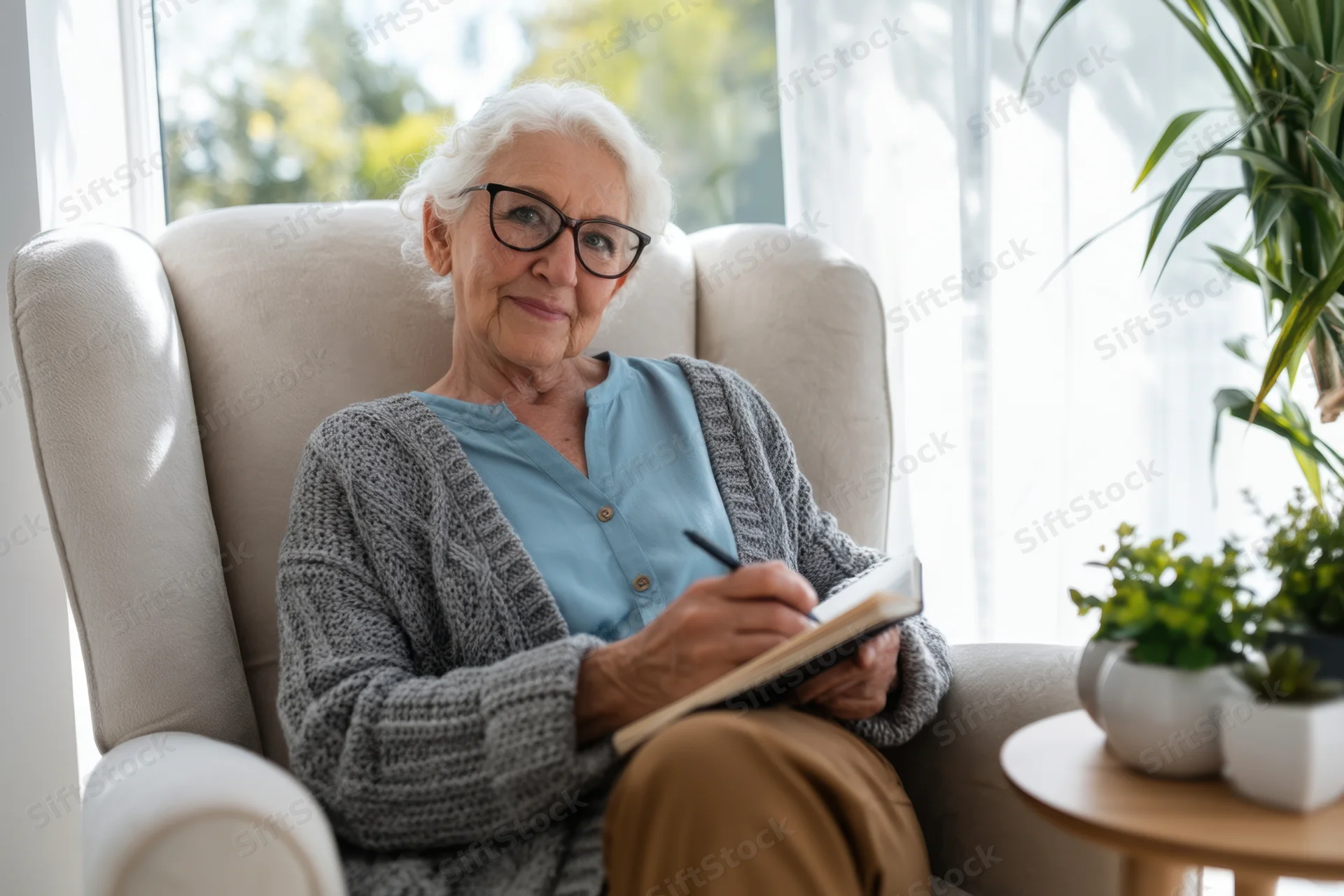 Senior woman writing in a notebook while sitting in an armchair by a window at home