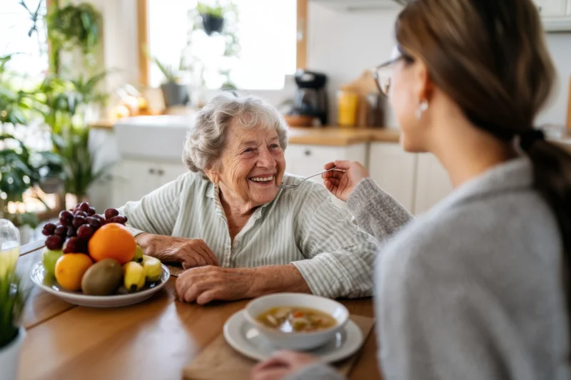 Elderly woman smiling while being fed soup by a caregiver at a wooden kitchen table