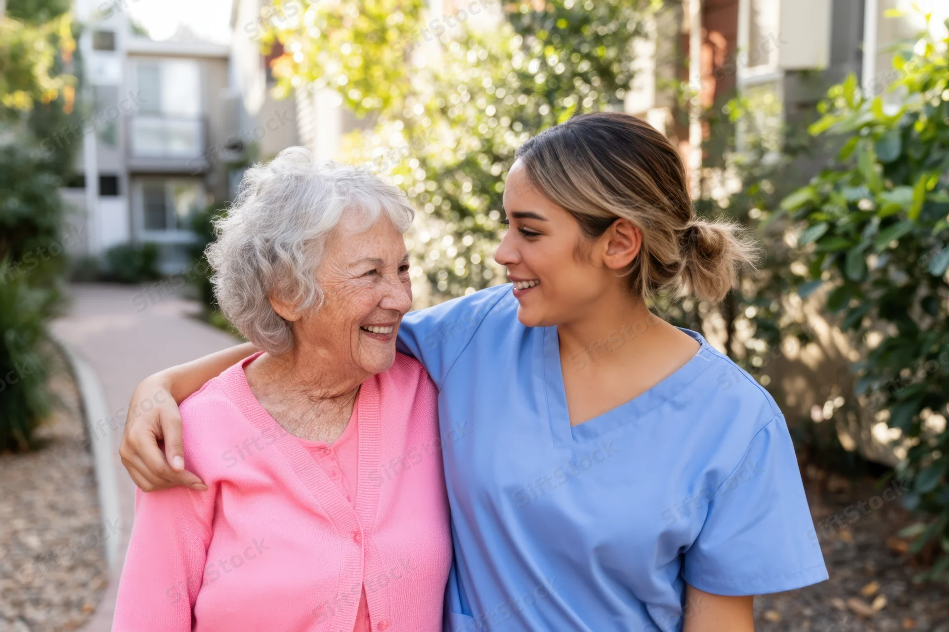 Caregiver in blue scrubs with arm around smiling elderly woman in garden pathway