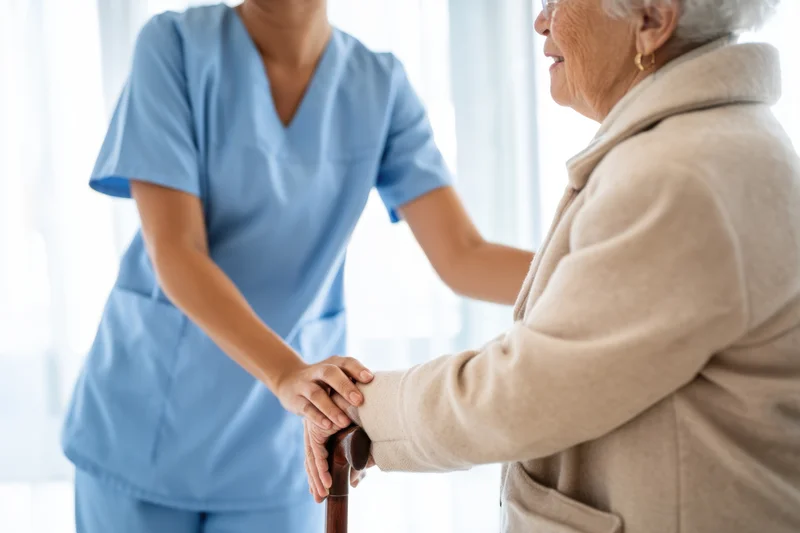 Caregiver supporting elderly woman with cane indoors
