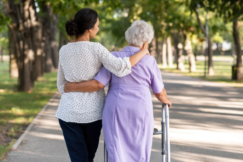 Caregiver supporting senior woman with walker on park pathway