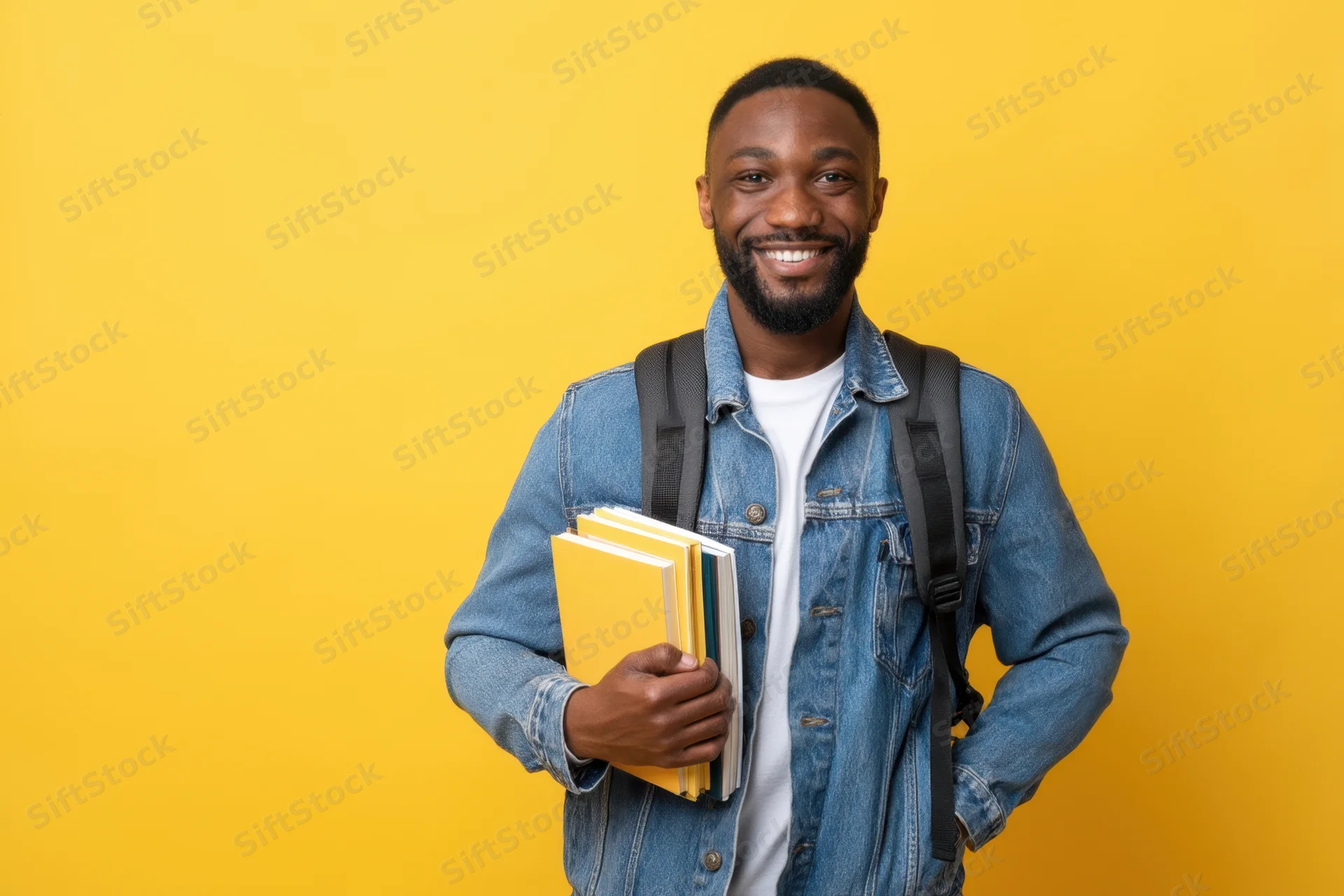 Smiling man with backpack and books against yellow background