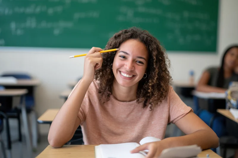 Smiling student holding pencil at desk in classroom