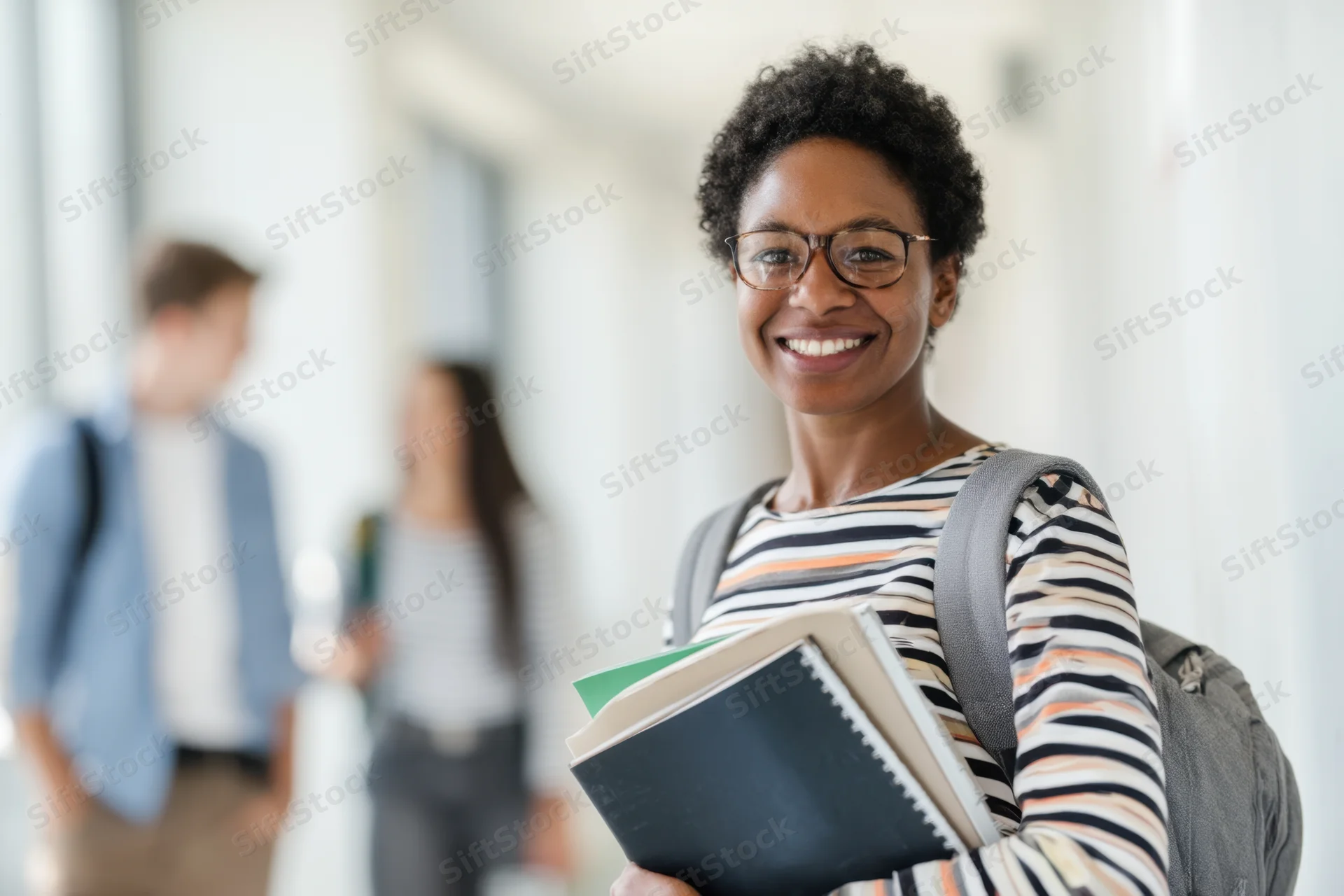 Smiling african woman student holding notebooks and wearing backpack in hallway