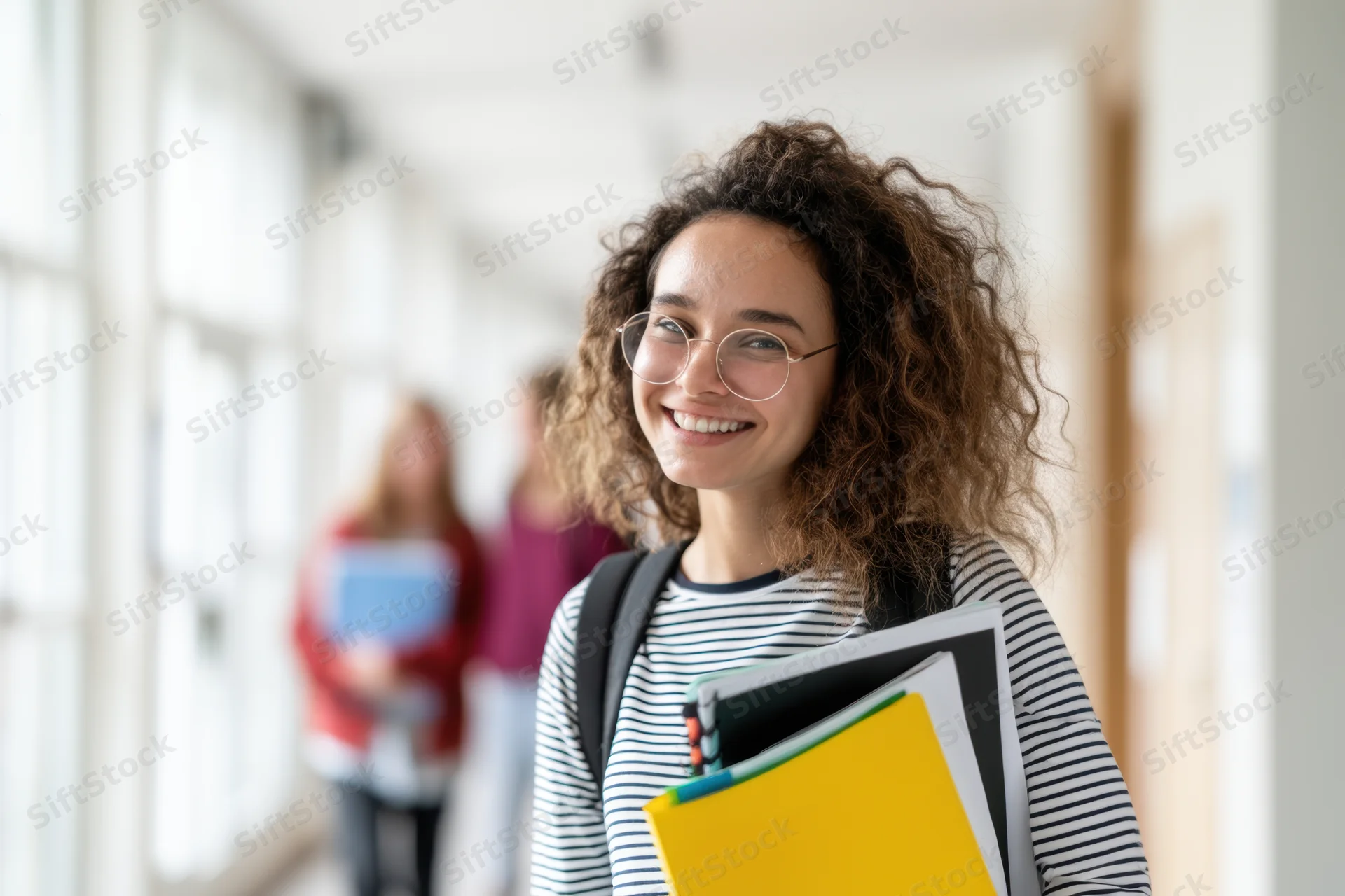 Smiling student holding notebooks in a bright hallway