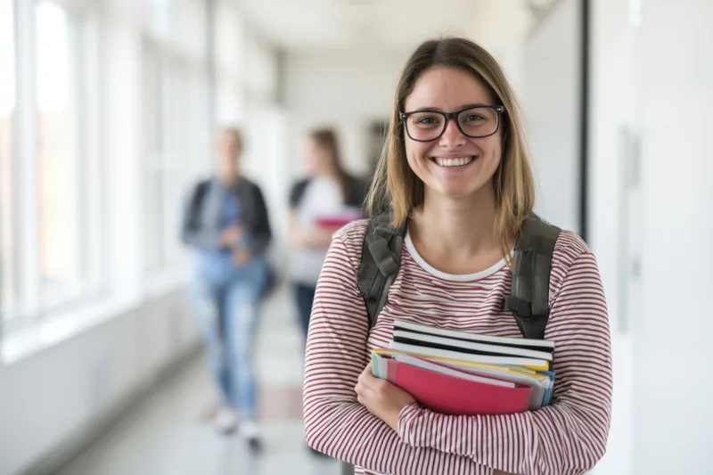 Smiling student holding books and wearing backpack in school hallway
