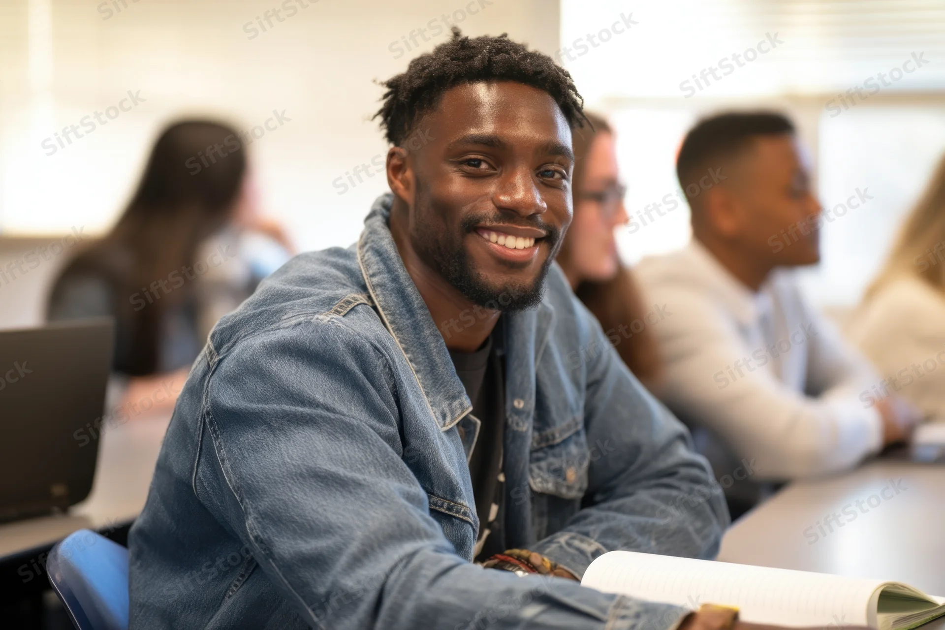 Young black man smiling at camera while sitting at desk in classroom with peers and laptop