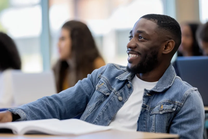 Young black man smiling in classroom with open book on desk