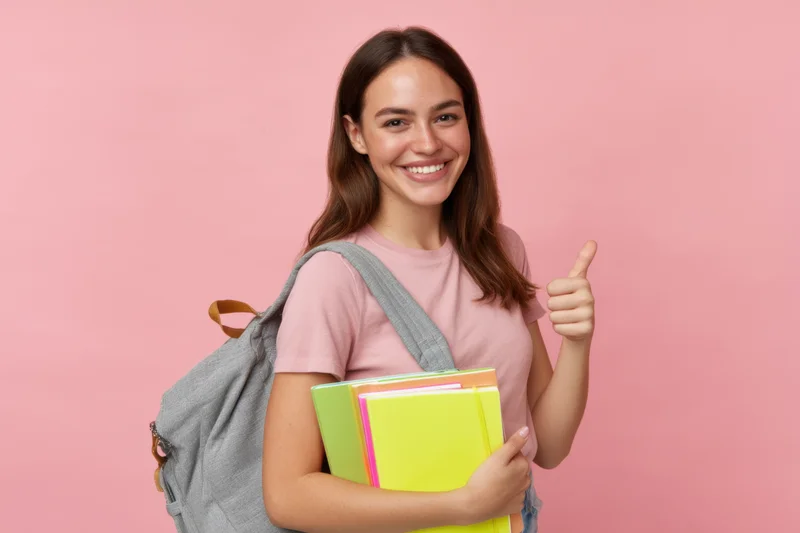 Young woman smiling with thumbs up holding notebooks and wearing backpack against pink backdrop