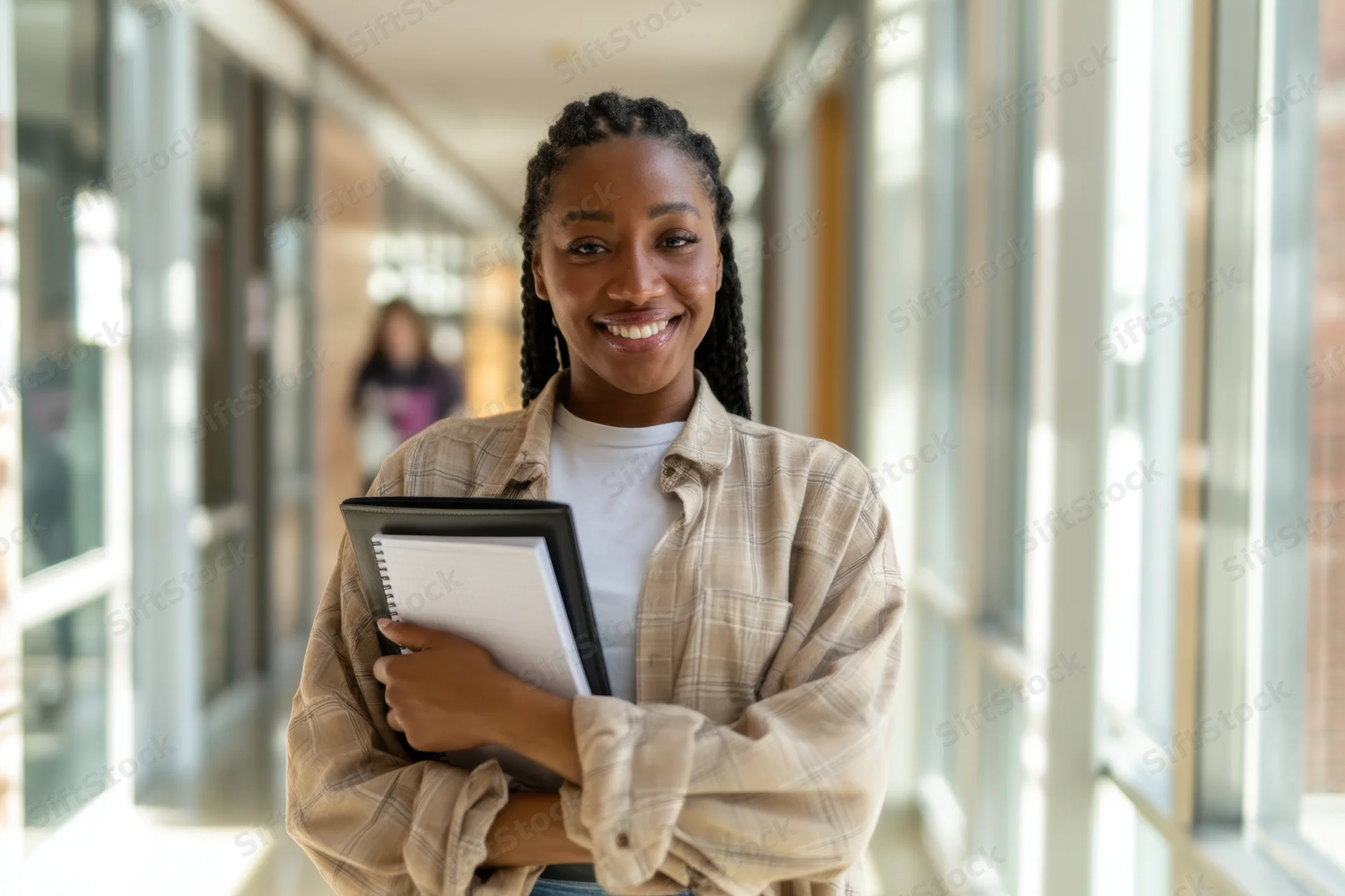 Young woman smiling while holding notebook in school hallway
