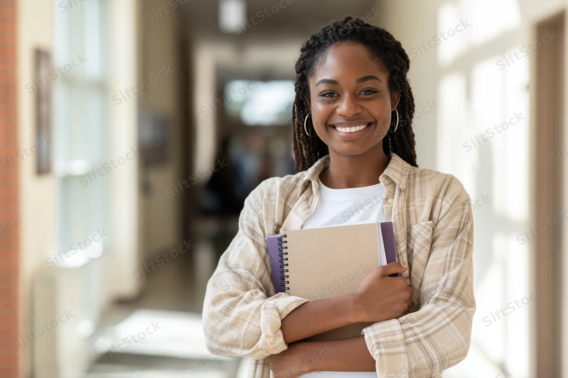 Young black woman smiling while holding notebooks in a sunlit school hallway