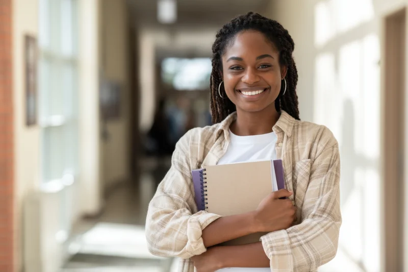 Young black woman smiling while holding notebooks in a sunlit school hallway