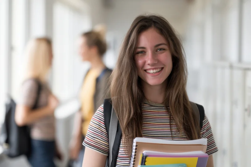 Young woman smiling while holding notebooks in a school hallway