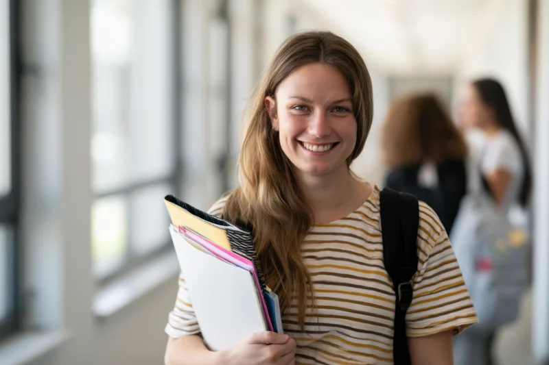 Young woman smiling while holding folders and wearing a backpack in a school hallway