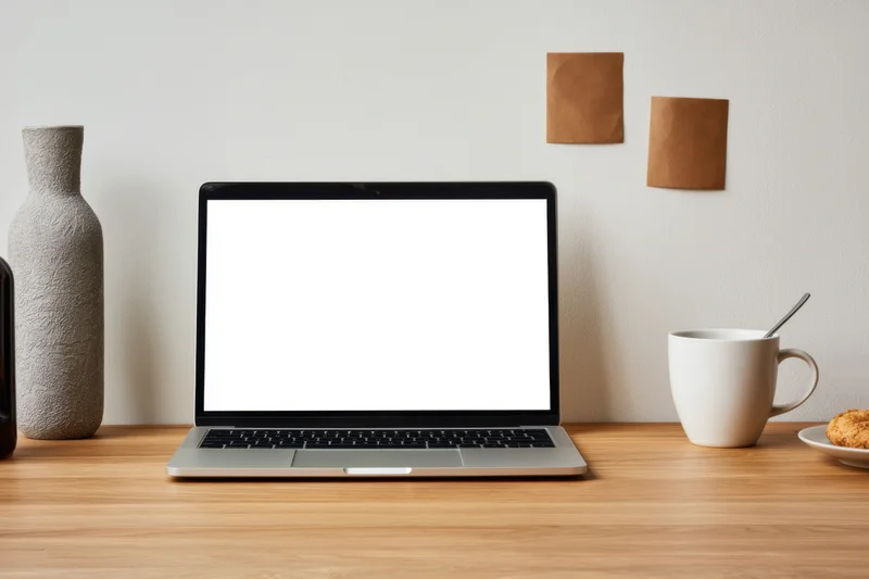 Silver laptop with blank white screen on wooden desk beside mug and vase