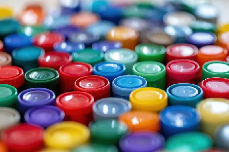 Close-up of colorful marker caps arranged densely in a flat lay view