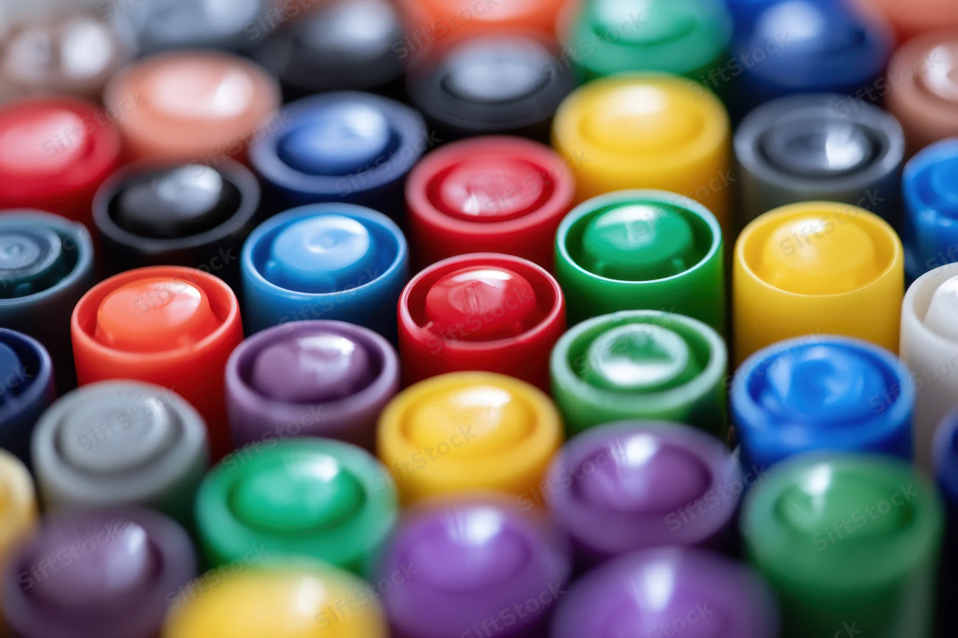 Close-up of colorful marker caps arranged in dense rows, showing vibrant plastic tops in various hues