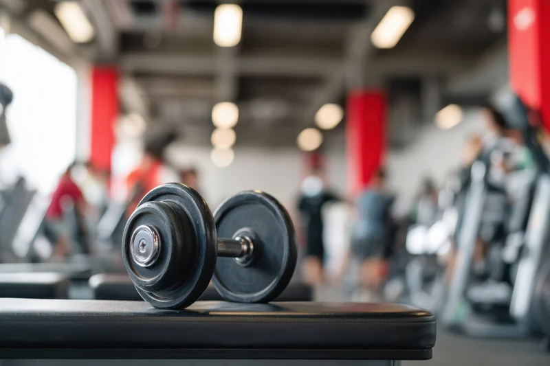 Dumbbell resting on a bench in a gym with people exercising in the background