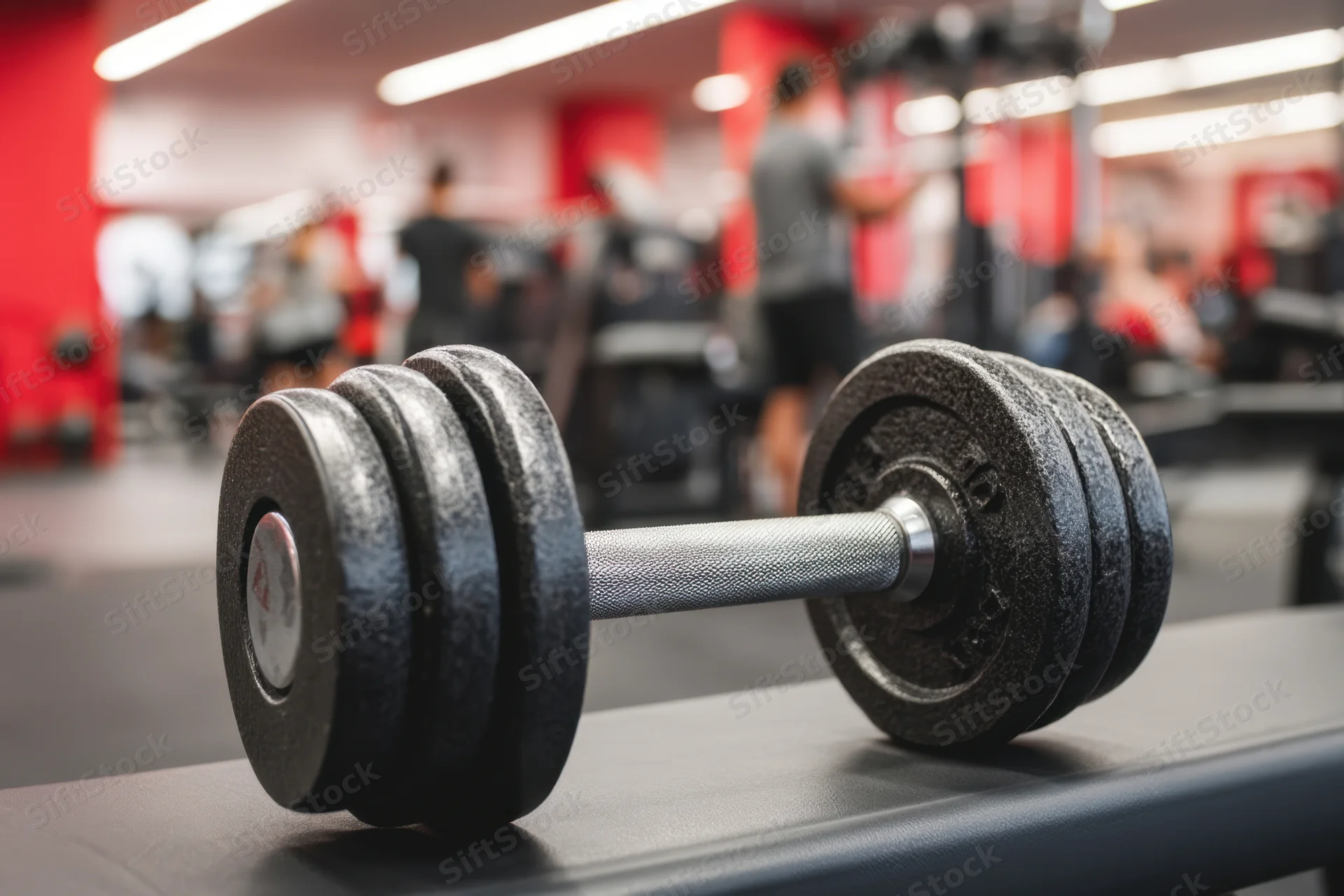 Dumbbell resting on a bench in a gym with people exercising in the background
