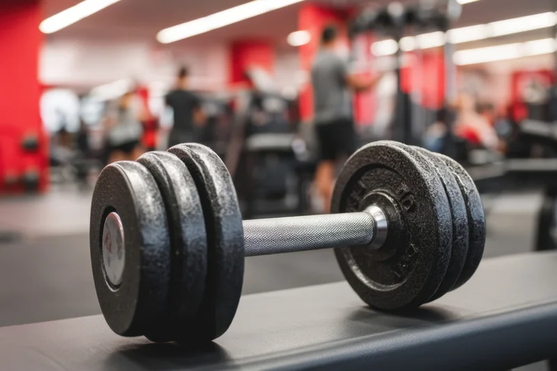 Dumbbell resting on a bench in a gym with people exercising in the background