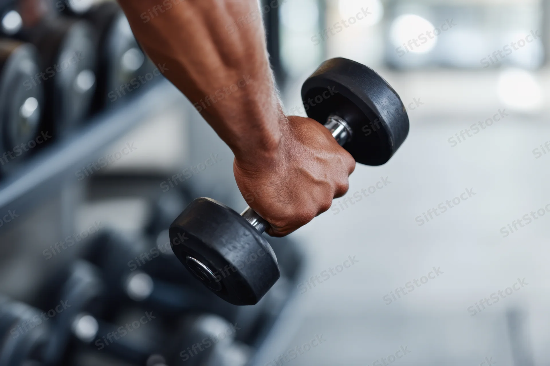 Close-up of a man's muscular forearm gripping a dumbbell in a gym