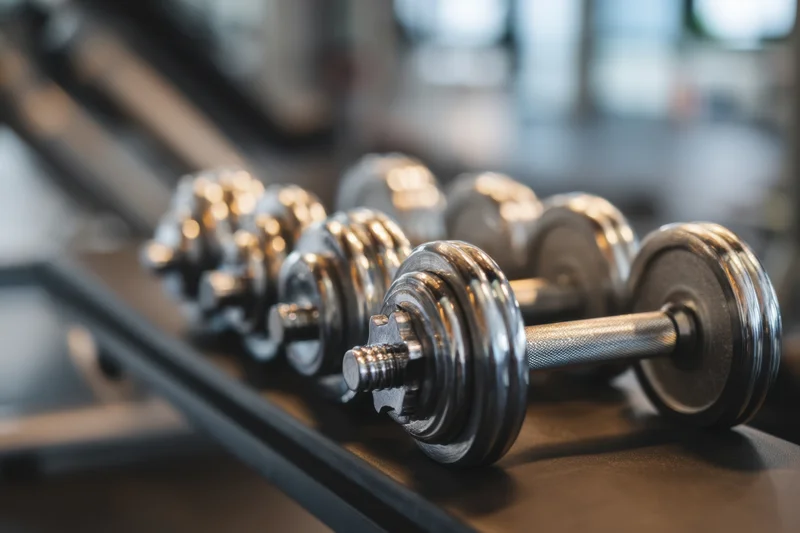 Chrome dumbbells arranged in a row on a gym rack
