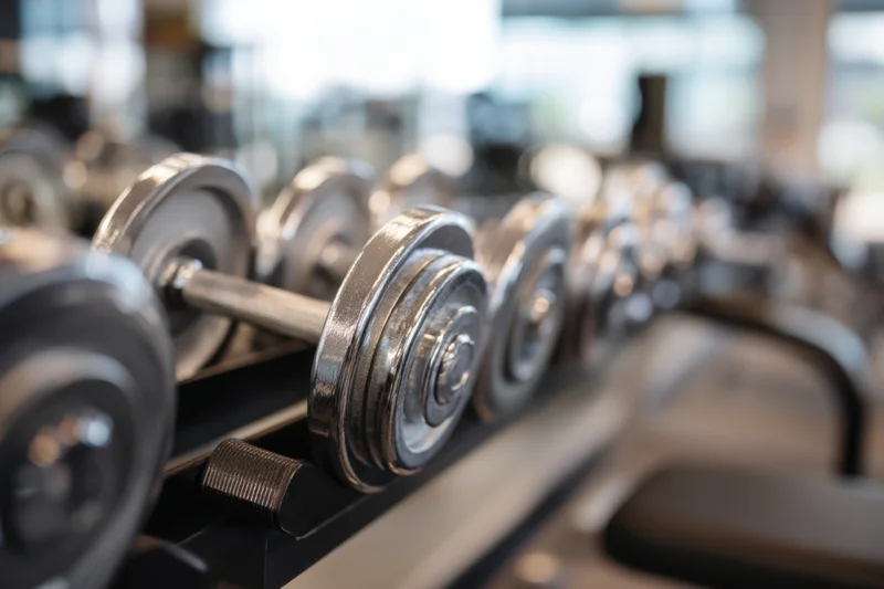 Dumbbells arranged in a row on a gym rack with weight plates visible in the foreground