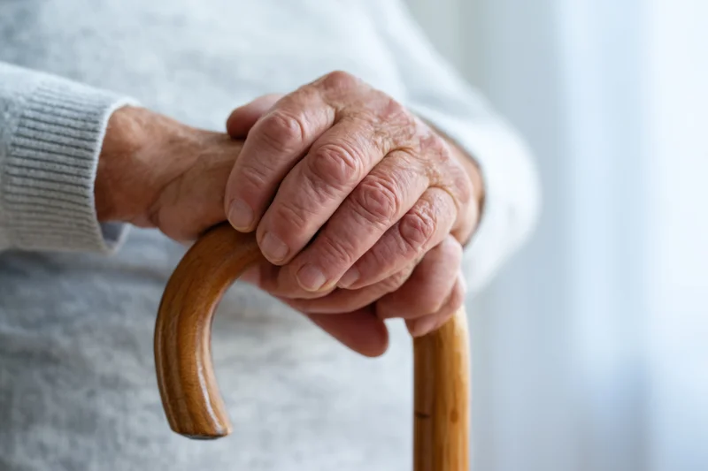 Elderly person's hands gripping a wooden cane for support
