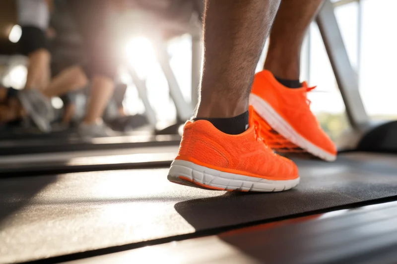 Close-up of bright orange running shoes on a treadmill in a gym with sunlight streaming in