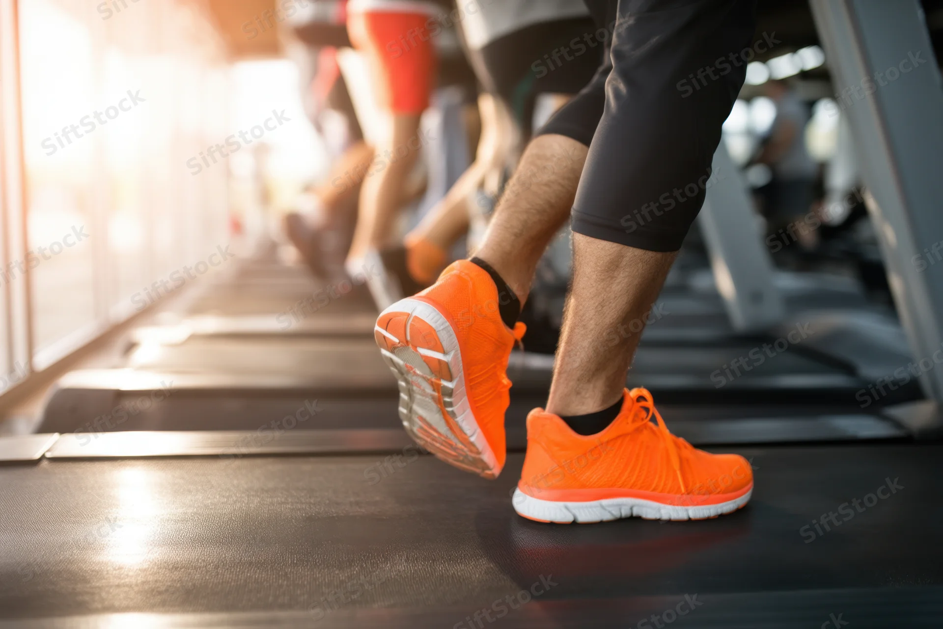 Close-up of bright orange running shoes on a treadmill in a gym with legs in motion