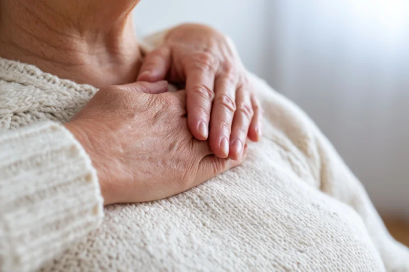 Elderly woman’s hands resting gently on her chest in a knitted sweater