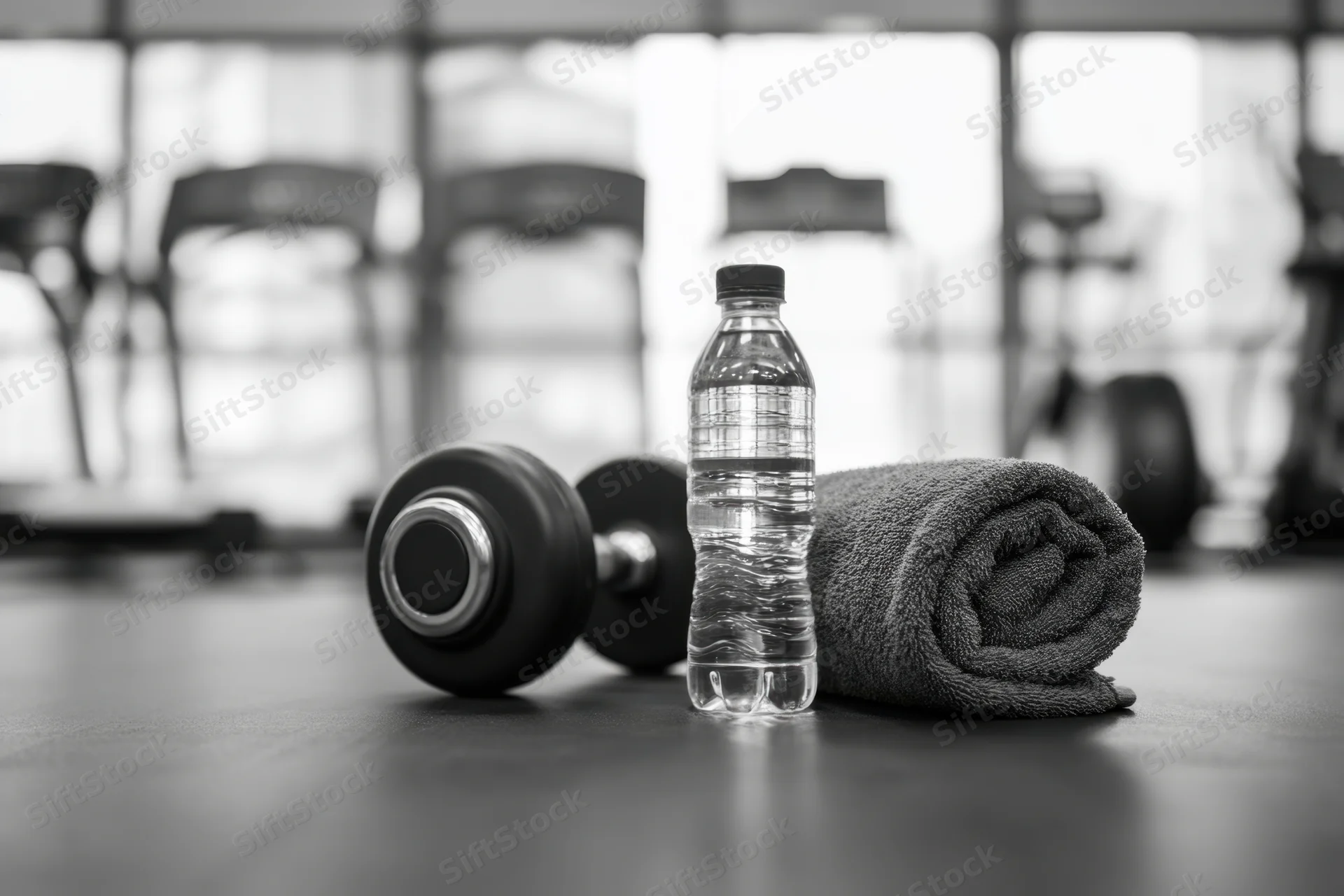 Dumbbell, water bottle and rolled towel on gym floor with exercise equipment in background