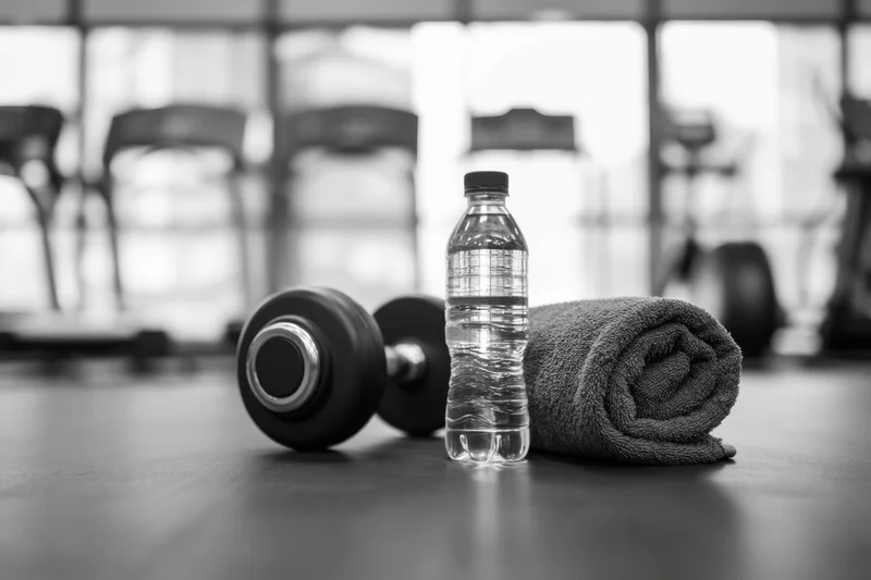 Dumbbell, water bottle and rolled towel on gym floor with exercise equipment in background