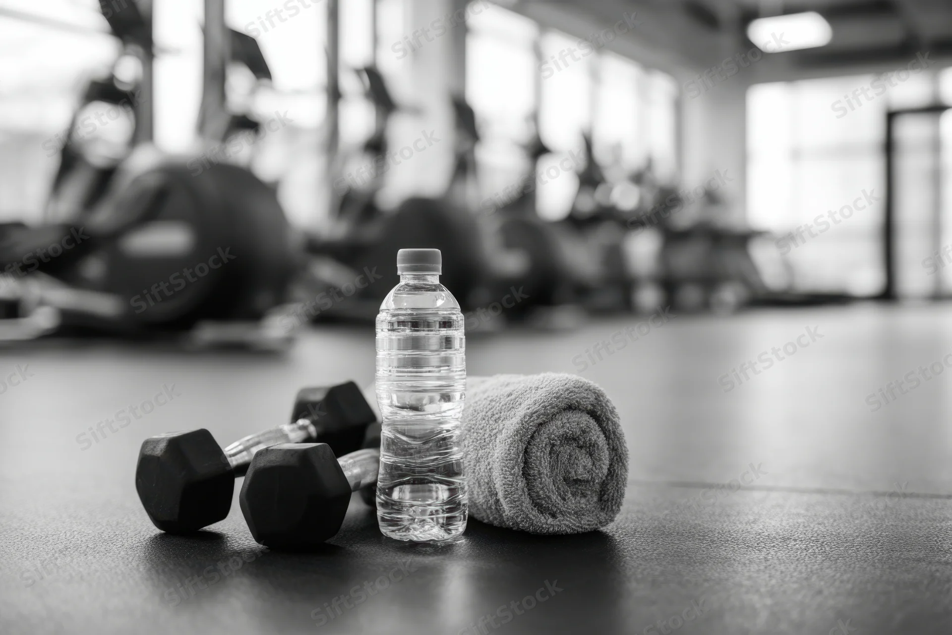 Dumbbells, water bottle and rolled towel on gym floor with exercise machines in background