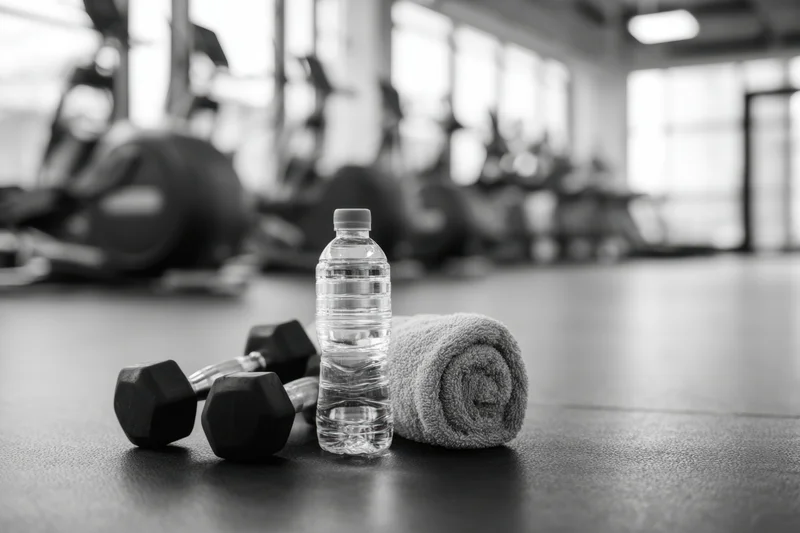 Dumbbells, water bottle and rolled towel on gym floor with exercise machines in background
