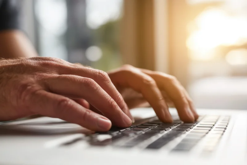 Hands typing on a laptop keyboard in a sunlit indoor workspace