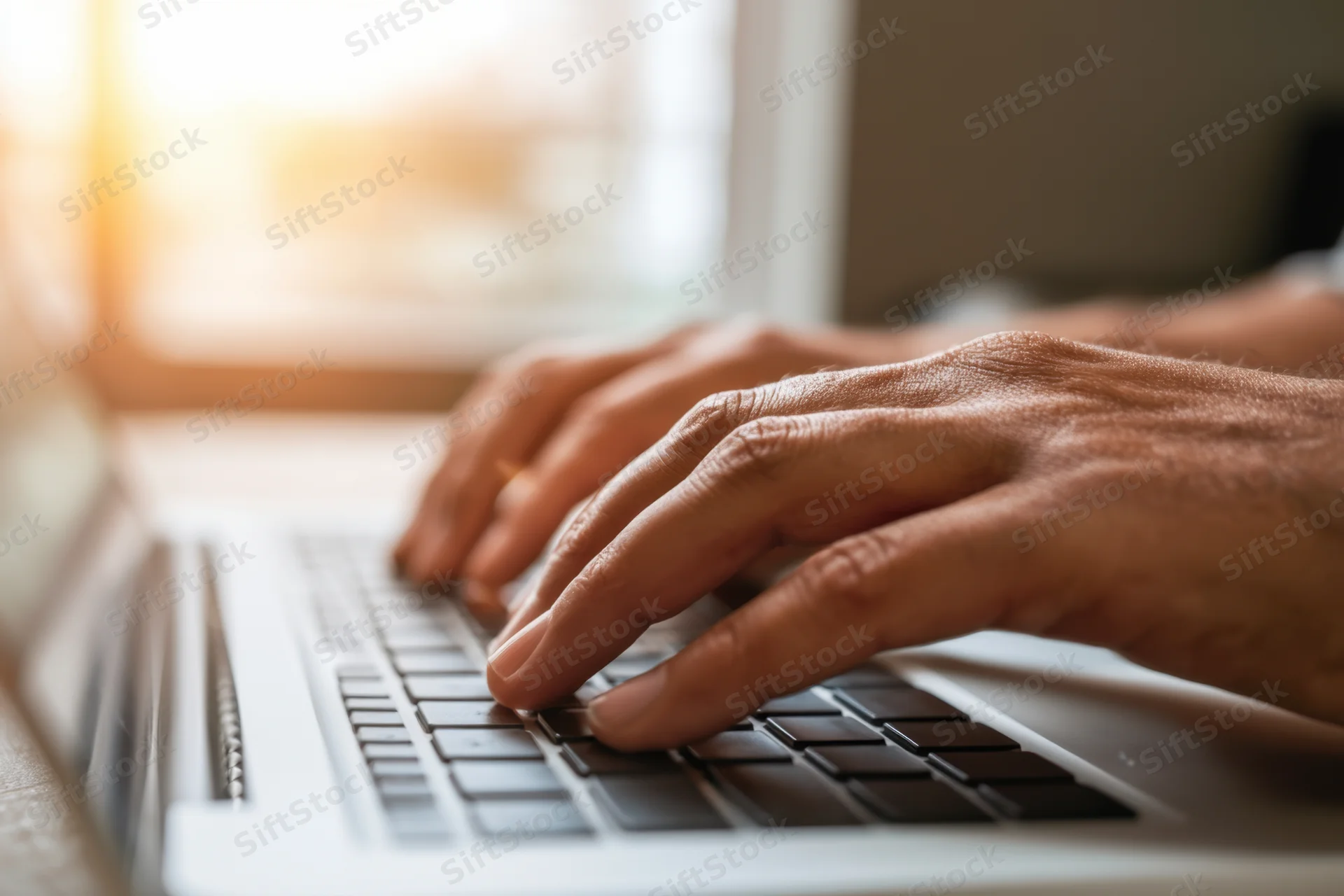 Hands typing on a laptop keyboard by a sunlit window