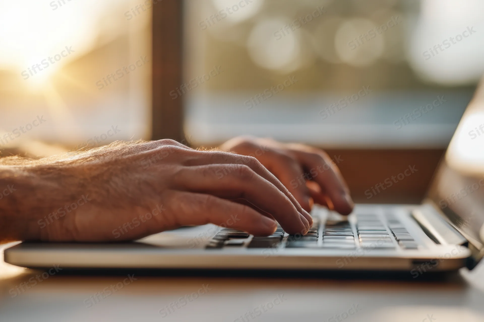 Close-up of male hands typing on laptop keyboard in warm sunlight near window