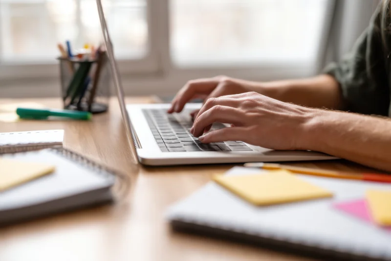 Hands typing on a laptop at a wooden desk with notebooks and pens nearby
